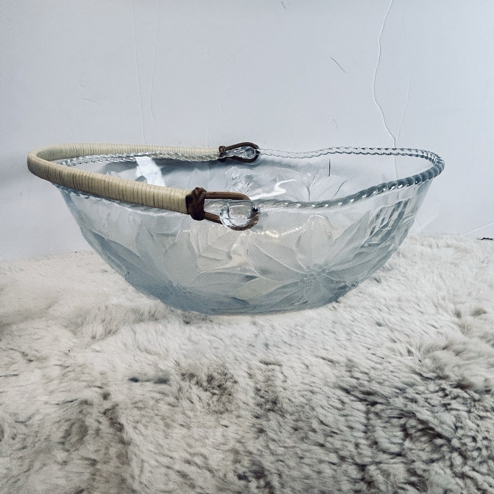 Vintage Glass Bowl‎ Poinsettia Basket Handle Christmas Decor Frosted Crystal